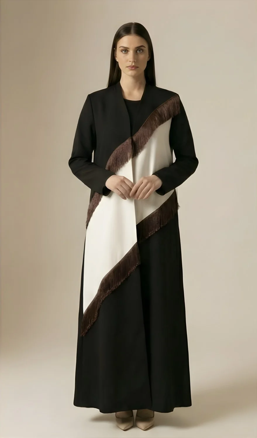Fringe Abaya in black and white
