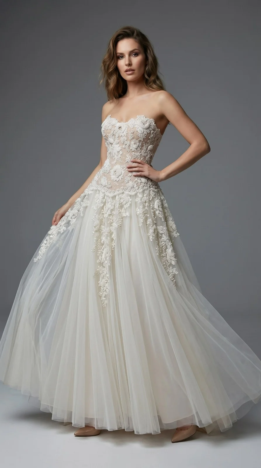 White Strapless A line Bridal Gown