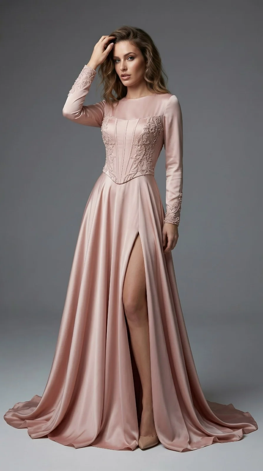 Dusty Rose Satin A Line Evening Gown