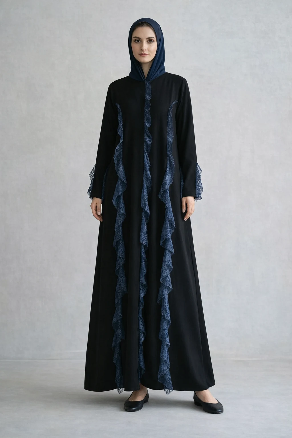 Frill Abaya in black & blue