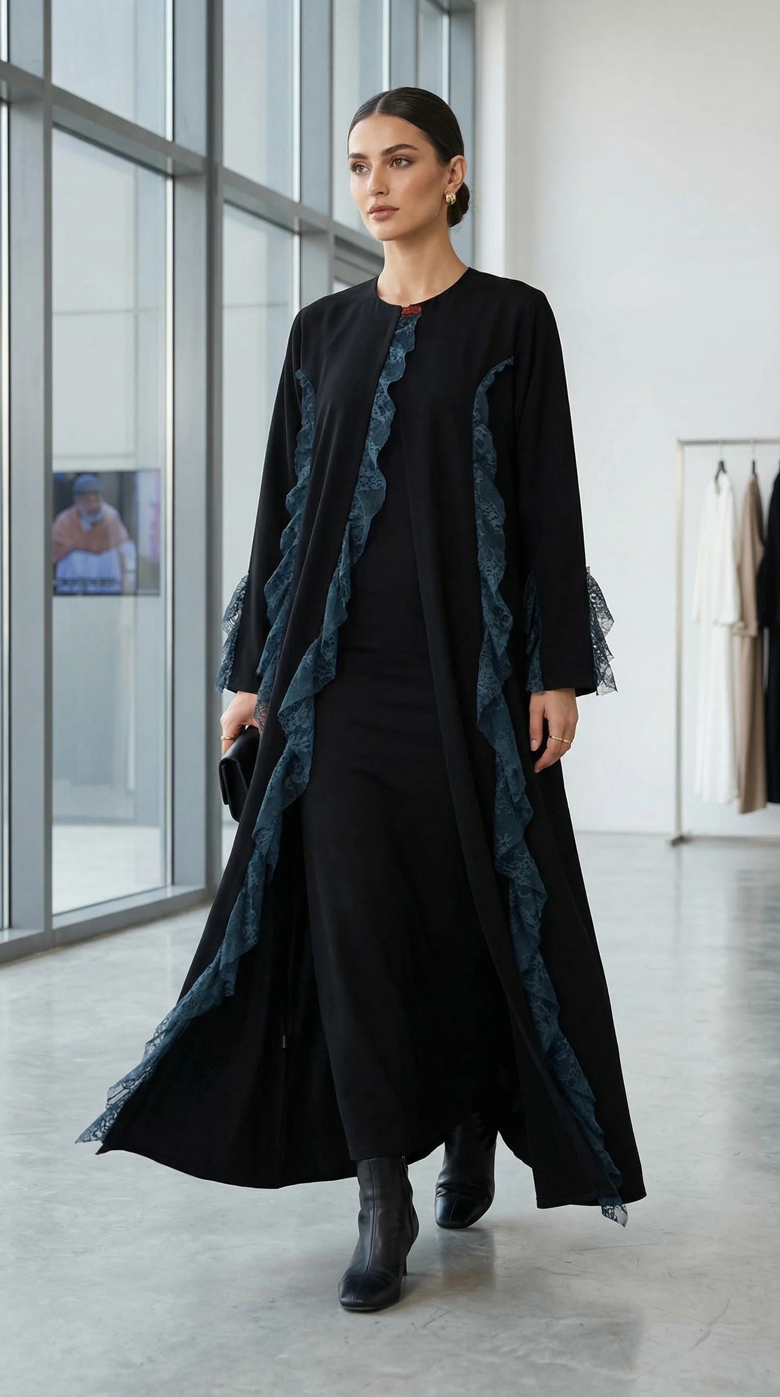 Frill Abaya in black & blue