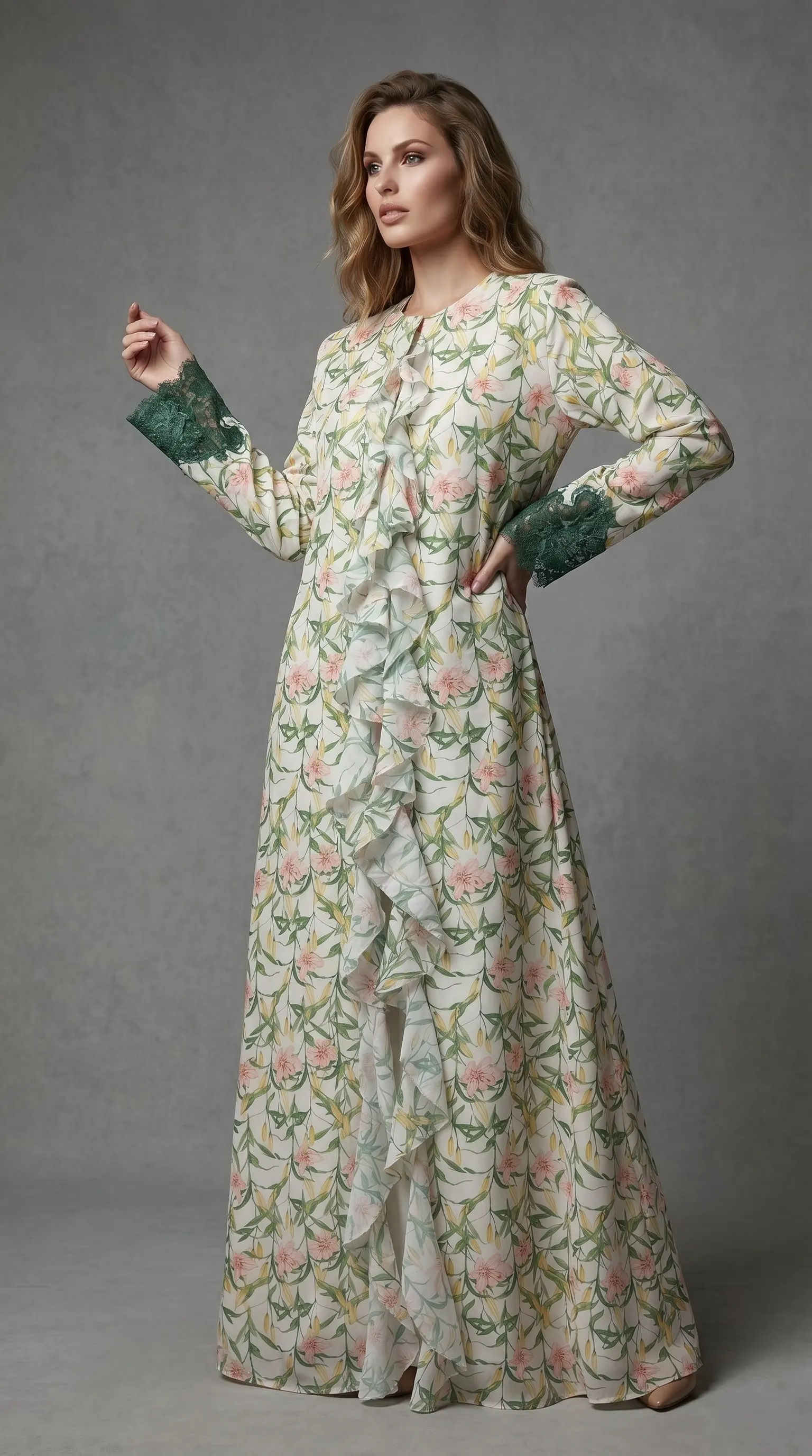 Botanical Pink Lilly Emerald Abaya 
